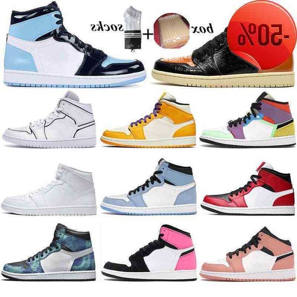 

with box jumpman 1 1s mens women shdaow university blue multi-color metallic gold lucky green chicago tie-dye sport