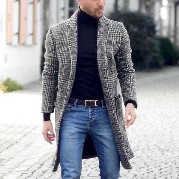 

men's fur faux fur men woolen coat new retro simple mid-long plaid youth woolen coat long sleeve lapel single breasted cardigan men ja, Black