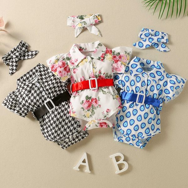 

rompers summer fashion baby girl jumpsuit set floral water drop houndstooth print casual fly sleeves rompers with belt and headband j220922, Blue