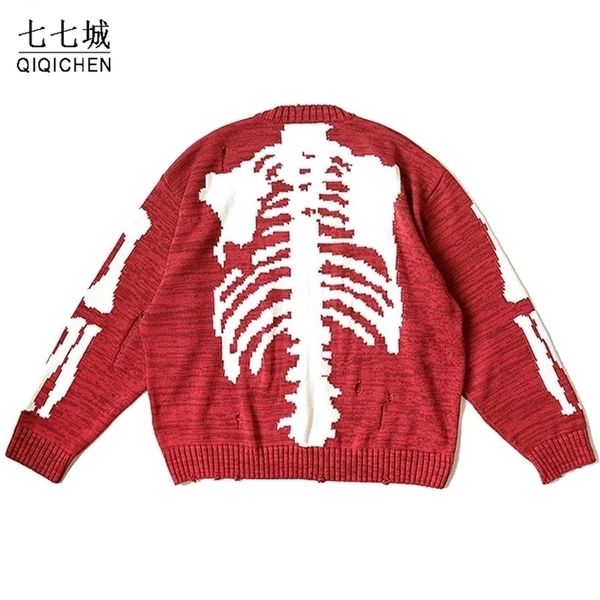 

mens sweaters mens hip hop sweater skeleton bone printing oversized woman streetwear damage hole vintage punk 1 1knitted pullover 221008, White;black