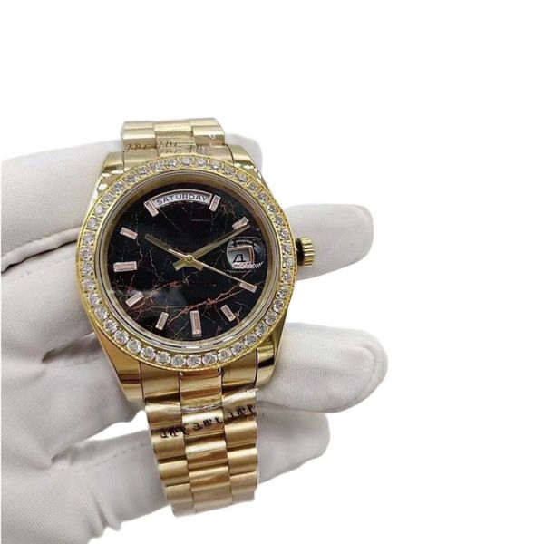 

super factory mens watch daydate 41mm yellow gold automatic mechanical movement diamond bezel stainless steel middle row shell drill wristwa, Slivery;brown