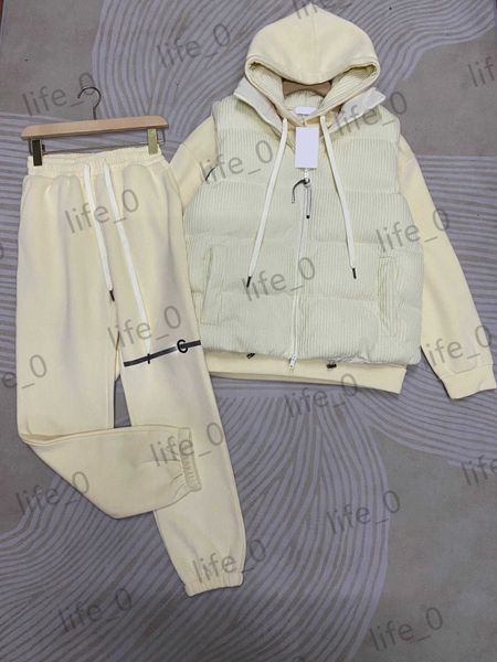 

designer womens three pieces pants short sleeveless down vest letter logo printed hoodie elastic waist beam bottom trousers brand woman tra, White