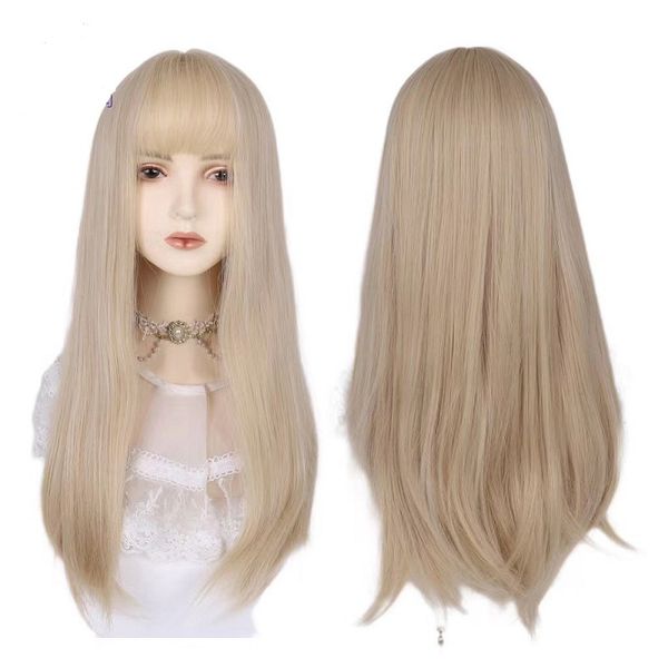 

new hairpieces in the style of women's fashion group white blonde wig woman full fringe long straight hair, Black