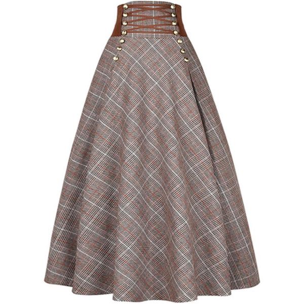 

skirts autumn winter vintage plaid long woolen skirt women high waist lace up big swing a line 221008, Black