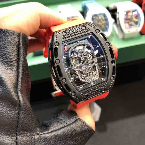 

multi-function superclone watches wristwatch luxury richa milles designer rm52-01 skull black diamond hollowed out man's automatic mech, Slivery;golden