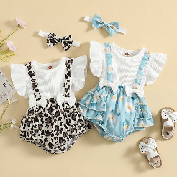 

rompers 018m baby girls summer 2 piece outfit sets cotton flying sleeve flowers leopard print patchwork romper jumpsuit headband j220922, Blue