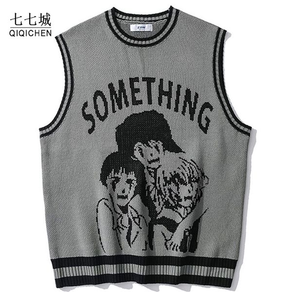

men's sweaters college knitted vest men women street hip hop casual band cartoons anime pattern o-neck sleeveless 221007, White;black
