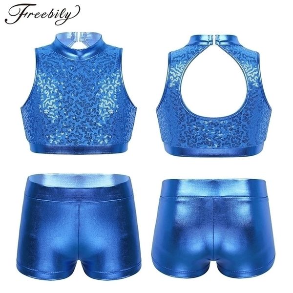 

dancewear sequins kids girls jazz dance costumes ballet gymnastics leotard shorts set for birthday gift class performance clothes 221007, Blue