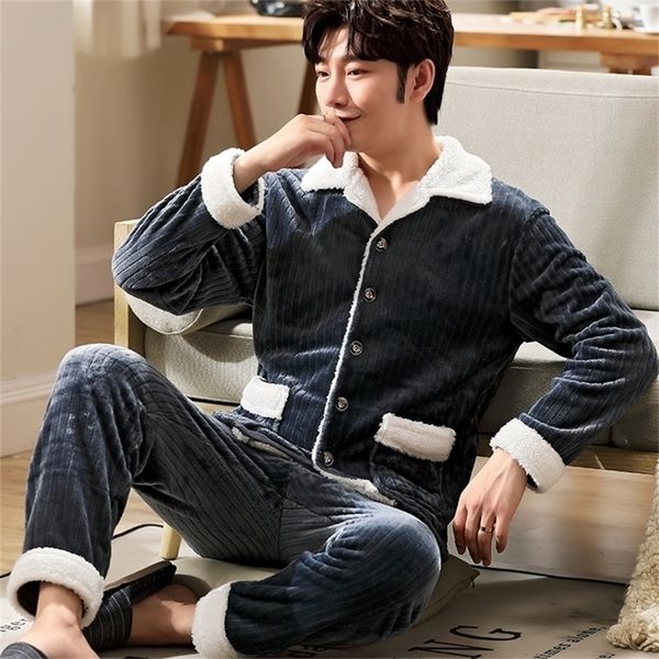 

men's sleepwear est winter thicken warm flannel pajamas sets male long sleeve plus size homewear casual pyjama pijama l221007, Black;brown
