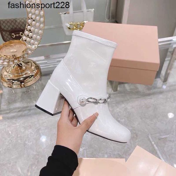 

designer boots miu fashion brand autumn winter elastic coarse heels women short boots pearl square head high heel lacquer leather nude boot, Black