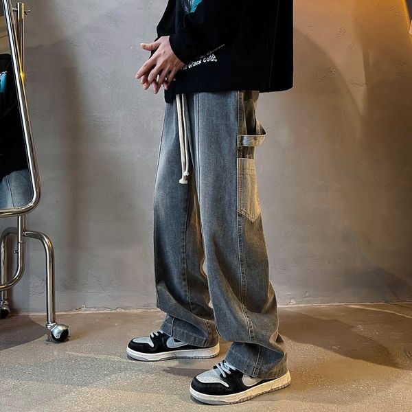 

men's jeans vintage straight baggy jeans men streetwear patch pocket high street wide leg jeans pants homme hip hop harem denim trouser, Blue