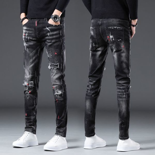 

noble black ripped jeans stylish slim stretch splash ink print jean street, Blue