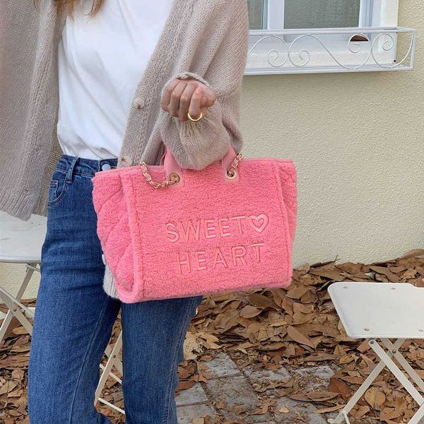 

totes handbags women fashion plush series shoulder bag small fragrance korean fashion pink embroidery tote large capacity women's tote