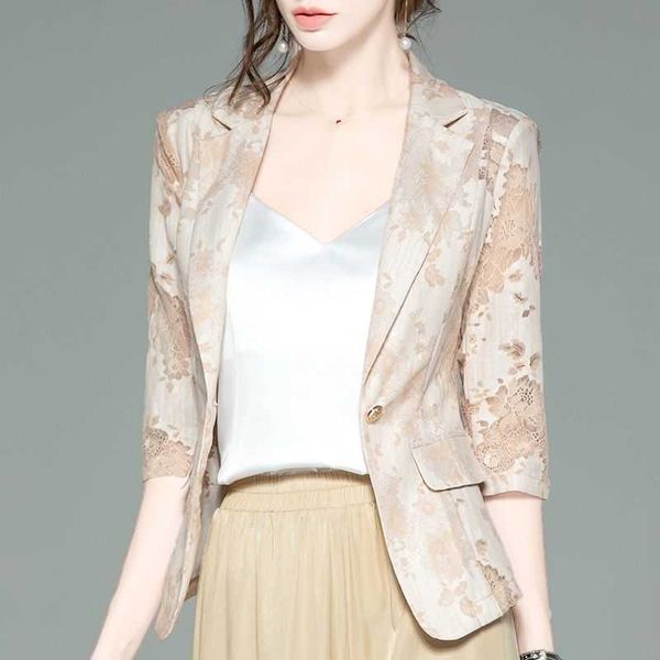 

women's jackets spring summer women 3/4 sleeve 6xl sun protection clothing hollow lace slim shawl office ladies work wear x241 t221008, Black;brown