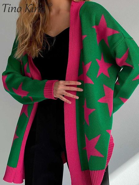 

v-neck casual women cardigan sweater star printed knit oversized thick fashion ladies sweaters 2022 casual vintage jumper, White;black