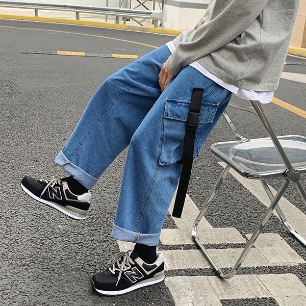 

men's jeans casual baggy denim trousers high street hip hop pure color jeans elastic waist both side pockets long ribbons cargo pants 2, Blue