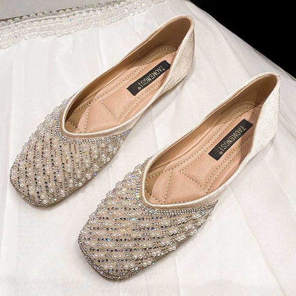 

ballet flats dress shoes ladies square head soft shallow loafers women fashion pearl rhinestones ccs autumn new female slip on flat shoes a3, Black