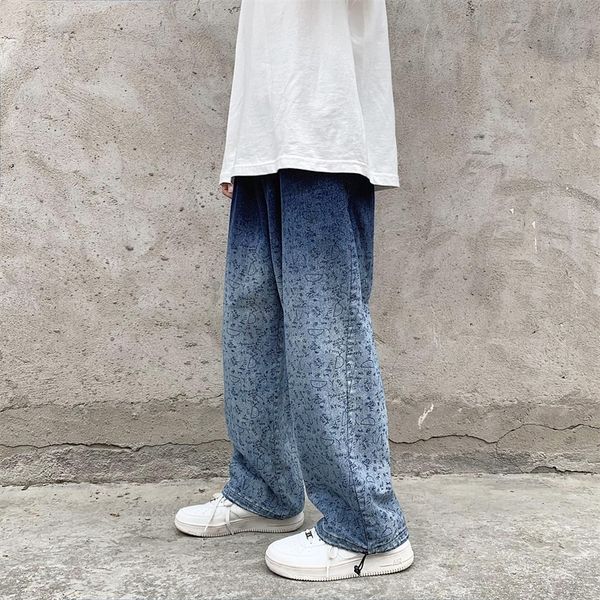 

men's jeans autumn winter retro gradient print jeans men streetwear straight pants fashion baggy casual anklebanded denim pants trouser, Blue