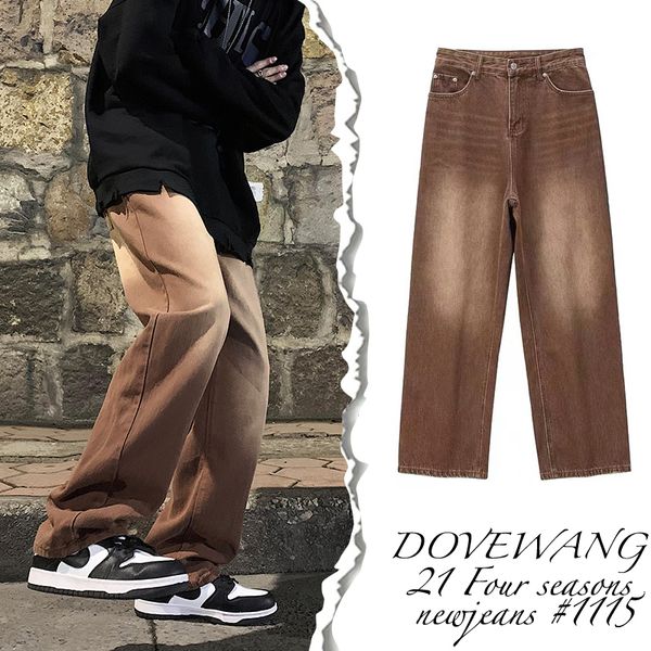 

men's jeans japan style vintage brown gradient denim pants men straight casual jeans mopping trousers fashion streetwear jean pants 221, Blue