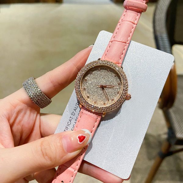 

luxury brand lady watch full diamond 33mm dial leather strap fashion women watches rhinestone wristwatches for womens mother's day chri, Slivery;brown