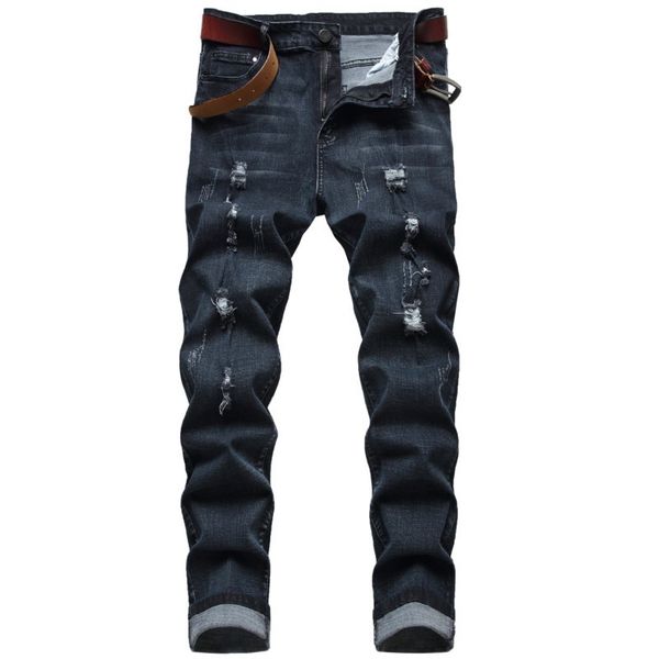 

men's jeans men black ripped denim brand straight slim fit long pants fashion male stretch holes size 42 221008, Blue