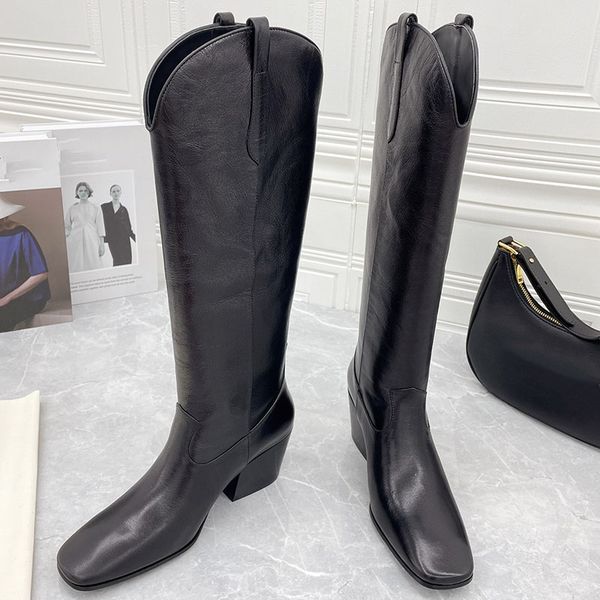 

cowhide leather western cowboy boots square toes fashion booties v-shaped barrel mouth knee boots for women luxury designers shoes factory f, Black