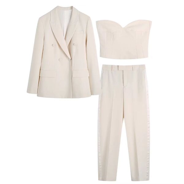 

women's suits blazers women's fashion slim fit double breasted blazer retro solid color female chic jacket low waist trousers suit, White;black