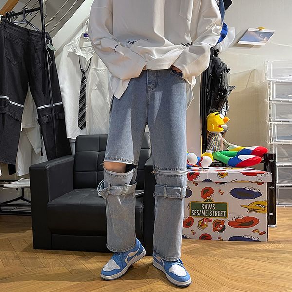 

men's jeans men jeans male detachable zipper patchwork trousers allmatch students streetwear casual straight denim pants 221008, Blue