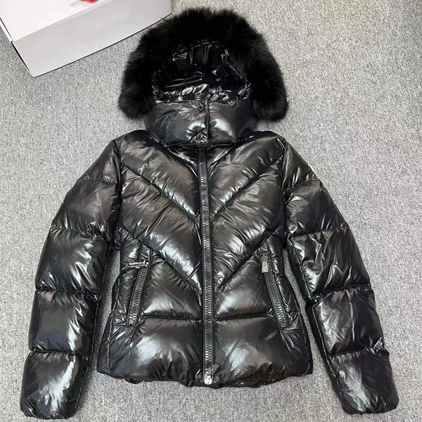 

women black down jacket shoet designer winter coat detachable fur hood long sleeve down-filled quilted parka