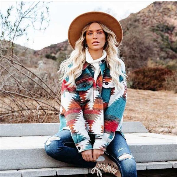 

women's jackets vintage jacket women splicing loose jacket denim print aztec retro ethnic style long sleeved shirt streetwear female go, Black;brown