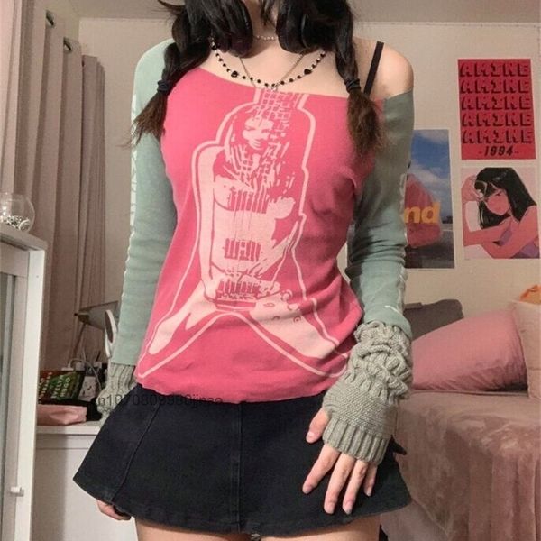 

womens tshirt spring and autumn fashion long sleeved t shirt women high street casual slim thin grunge harajuku style t shirt y2k girl 22100, White