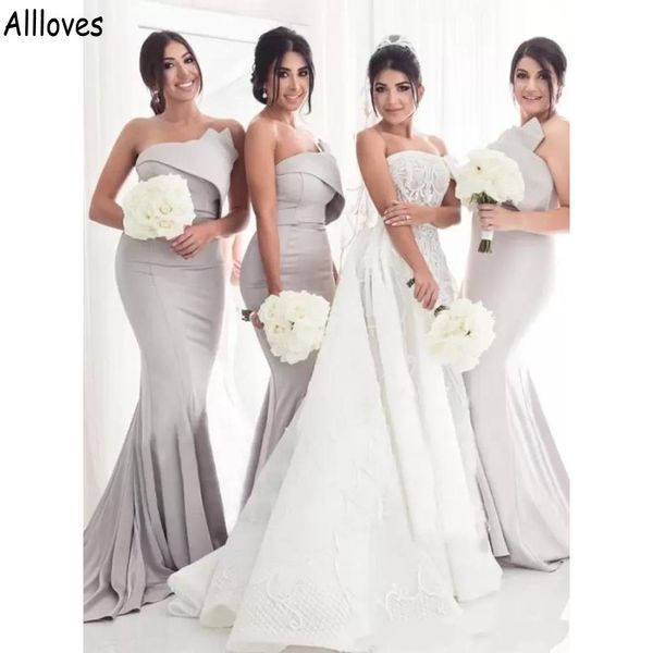 

silver long mermaid bridesmaid dresses elegant satin strapless arabic aso ebi formal party evening gowns for wedding guest plus size maid of, White;pink