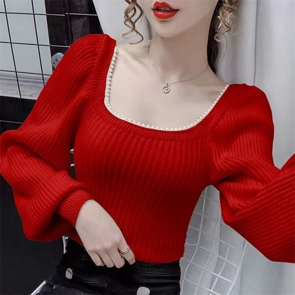 

womens sweaters solid color square neck lantern sleeve sweater for women in autumn and winter fashion slim womens sweater 221008, White;black
