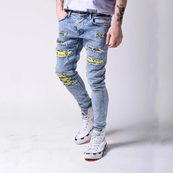 

men's jeans stretch ripped skinny biker jeans men embroidery letter printed patch destroyed hole slim fit denim hip hop jeans 221008, Blue