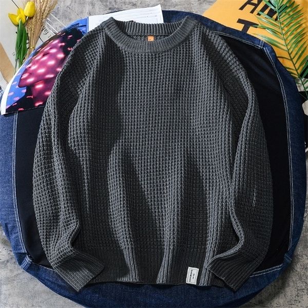 

men's sweaters waffle knitting sweater autumn clothing fashion korean style streetwear loose warm solid color simple long sleeve pullov, White;black