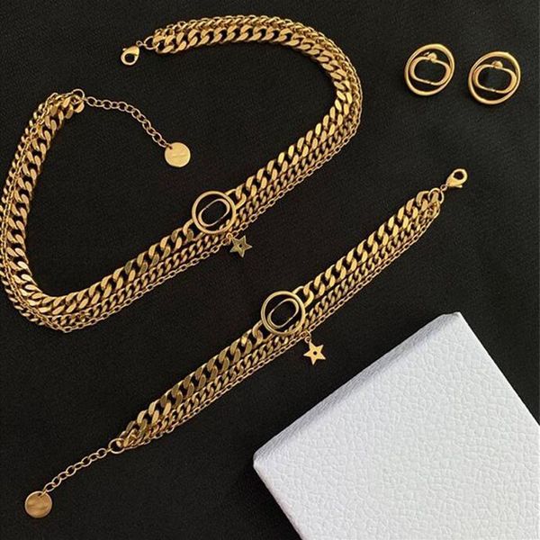 

retro letters classic designer choker necklace bracelet chain women brand earrings studs bijoux for lady party wedding lovers gift269w, Golden;silver