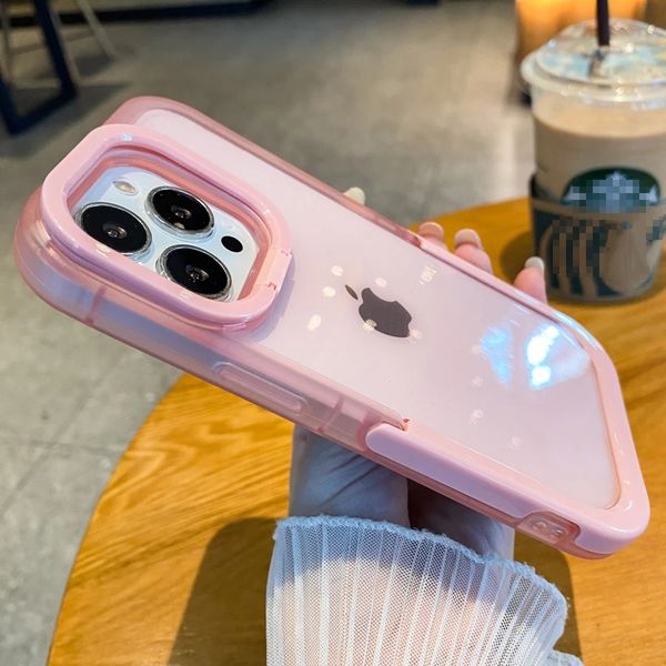 

luxury cases candy color camera lens stand clear phone case for iphone 14 13 12 11 pro max 14pro x xr xs max invisible folding holder back c