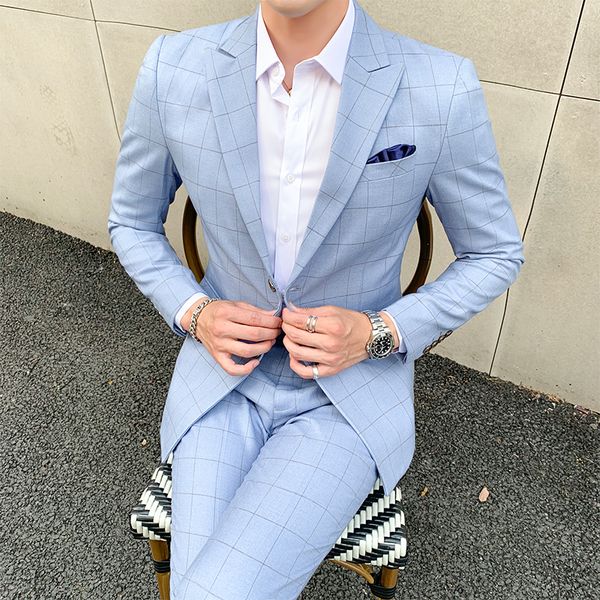 

men's suits blazers jacketpants men suits fashion grid mens 2 pieces slim fit business groom wedding plaid suit sets blazers 221008, White;black