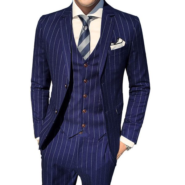 

men's suits blazers 3 pcs jacket pants vest suit set gentleman slim fit stripe blazers coat trousers waist male wedding dress groomsmen, White;black