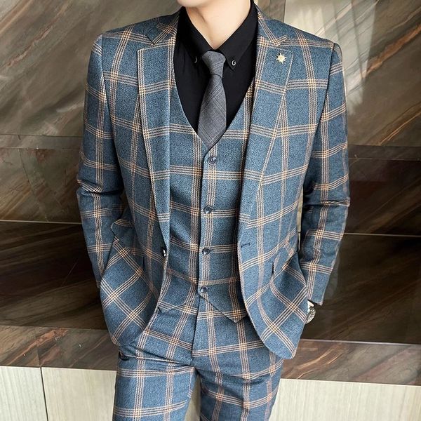 

men's suits blazers jacketvestpants fashion boutique mens plaid formal business suit 3 piece set men's highend casual suits weddin, White;black