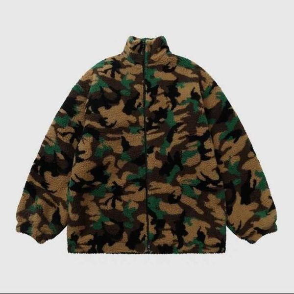 

fashion brand luxury thickened jacket autumn and winter loose camouflage lamb wool coats high street, Black