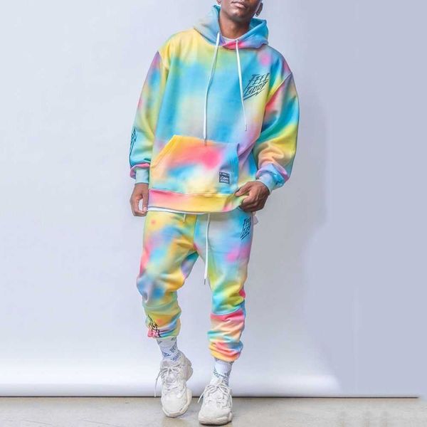 

men's tracksuits nanaco oversized tie-dye sport hoodies set male hooded printed fashion colorful tracksuit men sweatshirts suits size, Gray