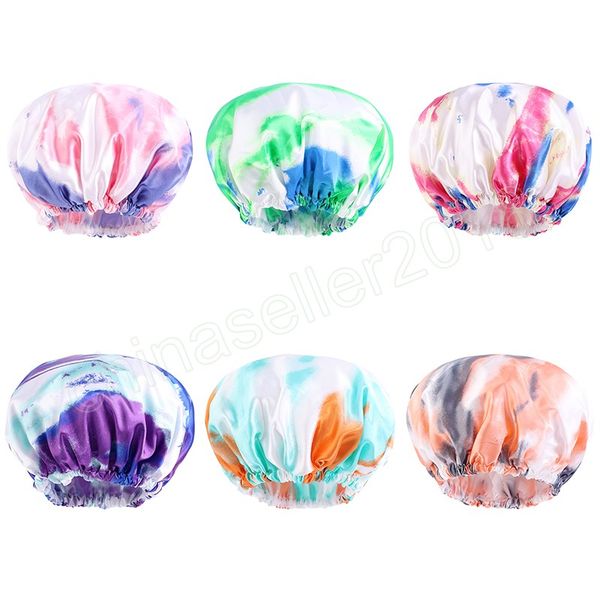 

waterproof tie-dye shower cap women double layer bonnet bathroom products with elastic band hair protect beauty cap, Blue;gray