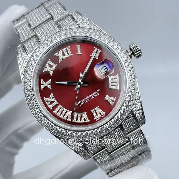 

fashion business silver mens watch datejust 126334 ice out diamond watch sapphire glass red roman numerals dial 41mm automatic movement, Slivery;brown