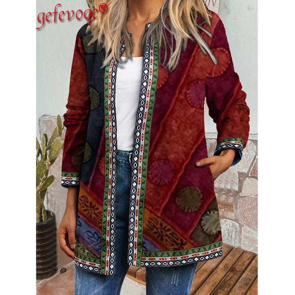 

women's jackets y2k autumn winter vintage ethnic style cardigan long sleeve printed jackets ladies loose outerwear coat harajuku chic, Black;brown