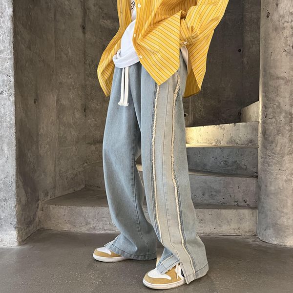 

men's jeans neutral chic patchwork mopping trousers jeans men korean style street fashion high street loose casual drawstring jean pant, Blue