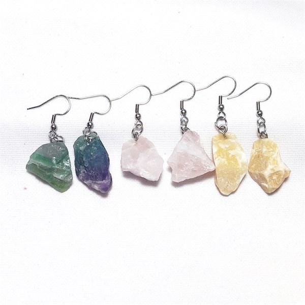 

irregular rough raw ore natural stone charms earrings fluorite amethysts quartz crystal agates stainless steel hook earrings, Golden