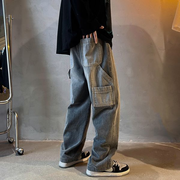 

men's jeans loose straight men jeans patchwork multipockets jean pants casual baggy hip hop men's women's jeans neutral denim, Blue