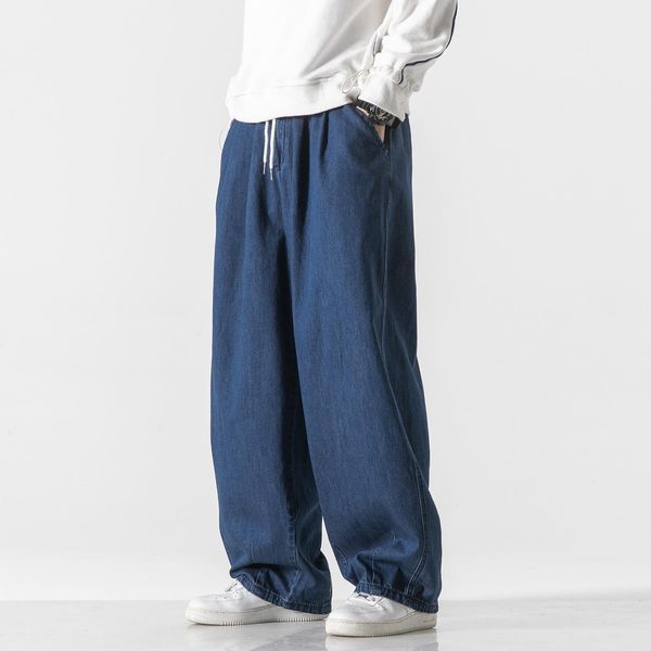 

men's jeans casual loose harem jeans men's japanese fashion baggy straight wide leg pants couple streetwear pants blacknavy blue 2