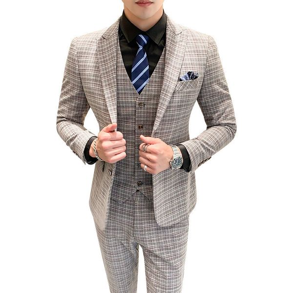 

men's suits blazers men's autumn winter british plaid slim coat vest pants high end suit three piece set male gentleman banquet bl, White;black